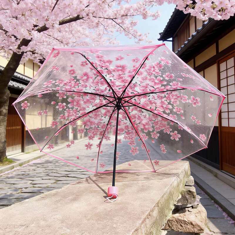 Transparent Folding Umbrella with Cherry Blossom Design, Trendy and Fresh Style, Sturdy and New Model, Thickened, Forest-Style, Portable