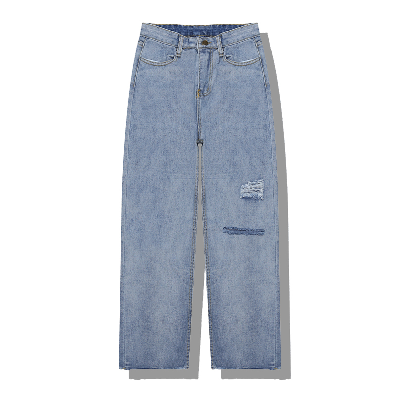 Chuối chuối mặc một ánh sáng mát mẻ cao eo mỏng lỗ chín quần rộng chân jeans nữ mùa thu quần jean nữ 2021