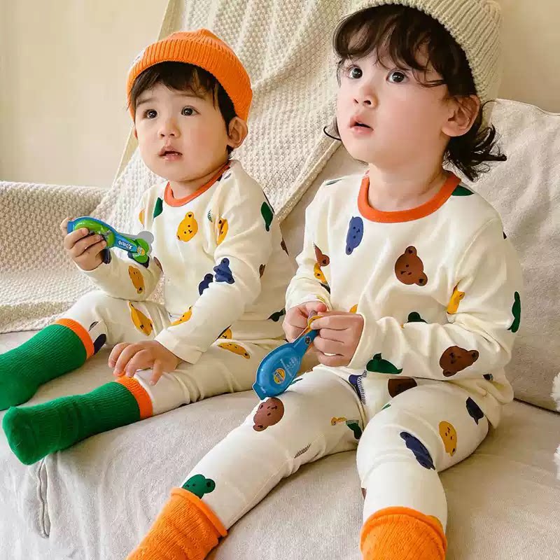 Class A pure cotton autumn and winter thermal underwear set for boys and girls, baby home clothes, autumn clothes and long pants, children's pajamas, comfortable