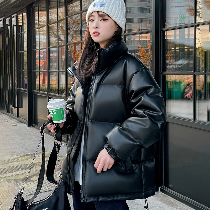 New Pu Leather Black down Jacket for Women, Winter 2025, High-End Fashion, Thickened, Loose-Fitting, Unisex Stand-Up Collar Puffer Jacket