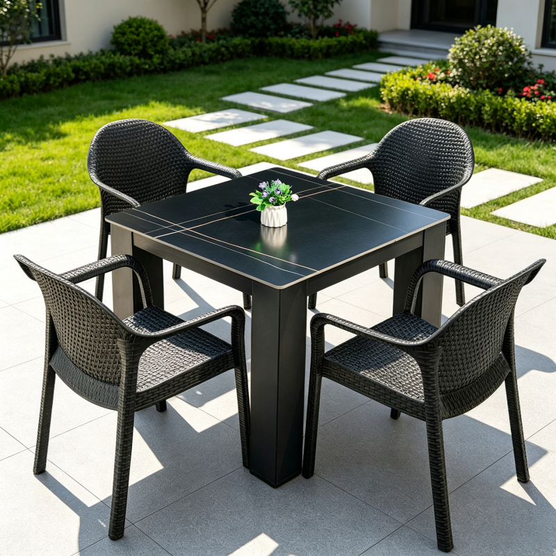 Outdoor Tea Table and Chairs, Courtyard Outdoor Black Slate Small Square Table, Round Table, Villa Yard Waterproof and Sun-Proof Leisure Set Outdoor Tea Table and Chairs, Courtyard Outdoor Black Slate Small Square Table, Round Table, Villa Yard Waterproof and Sun-Proof Leisure Set