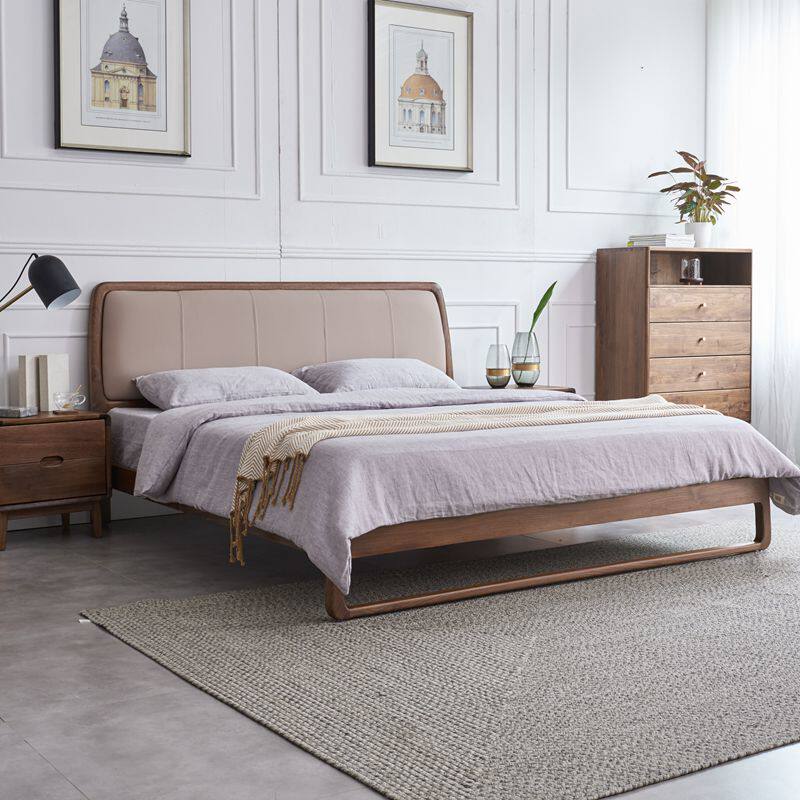 Black walnut full solid wood bed double bed Nordic master bedroom leather bed modern simple bedroom big bed 1 51 8 meters