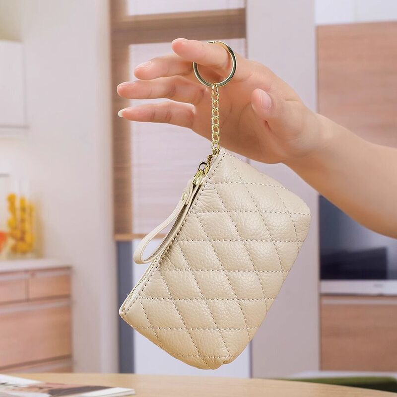 Soft Leather Quilted Embroidered Coin Purse, Leather Mini Simple Zipper Wallet, Key Bag for Women