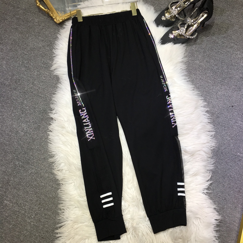 BlackEuropean goods heavy industry Hot drilling sweatpants  2021 new pattern ma'am Sports pants Thin easy leisure time Versatile Ninth pants tide