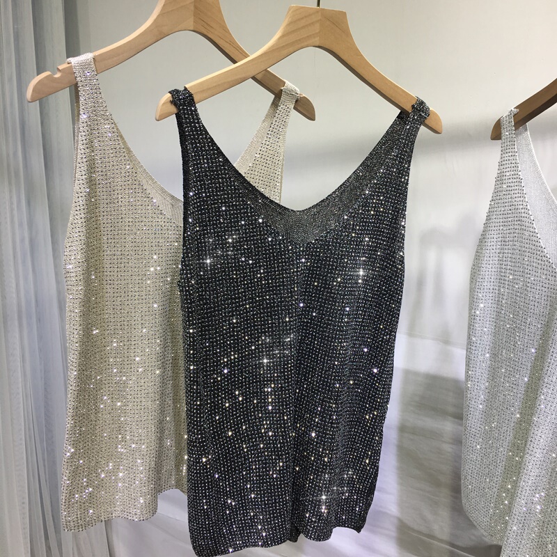 European-Style Heavy-Duty Sequin Vest, Loose Fit, Plus Size, Outerwear Camisole, Shiny Summer Rhinestone, Lightweight, Sexy V-Neck