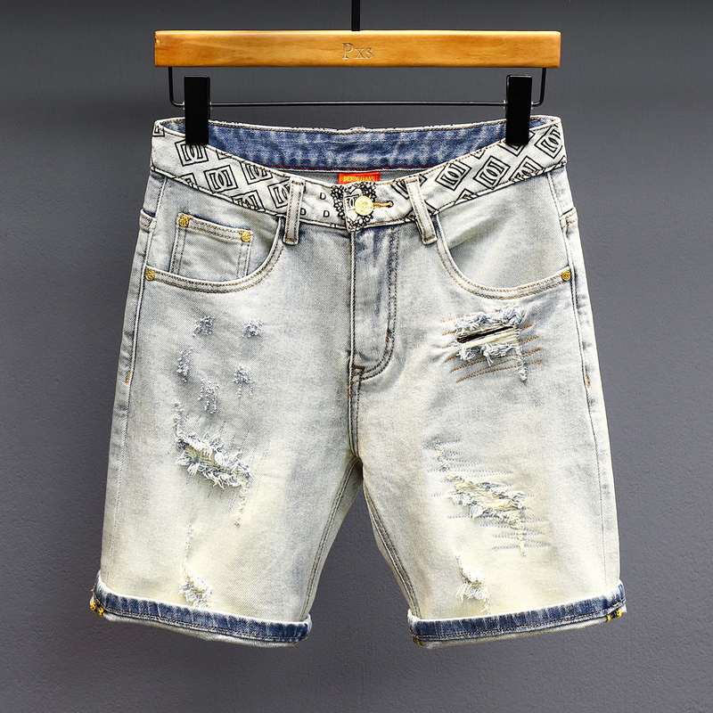 High-End Summer Washed Light Blue Ripped Denim Shorts for Men, Trendy Brand, Stylish, Stretchy, Slim-Fit, Mid-Length Pants High-End Summer Washed Light Blue Ripped Denim Shorts for Men, Trendy Brand, Stylish, Stretchy, Slim-Fit, Mid-Length Pants