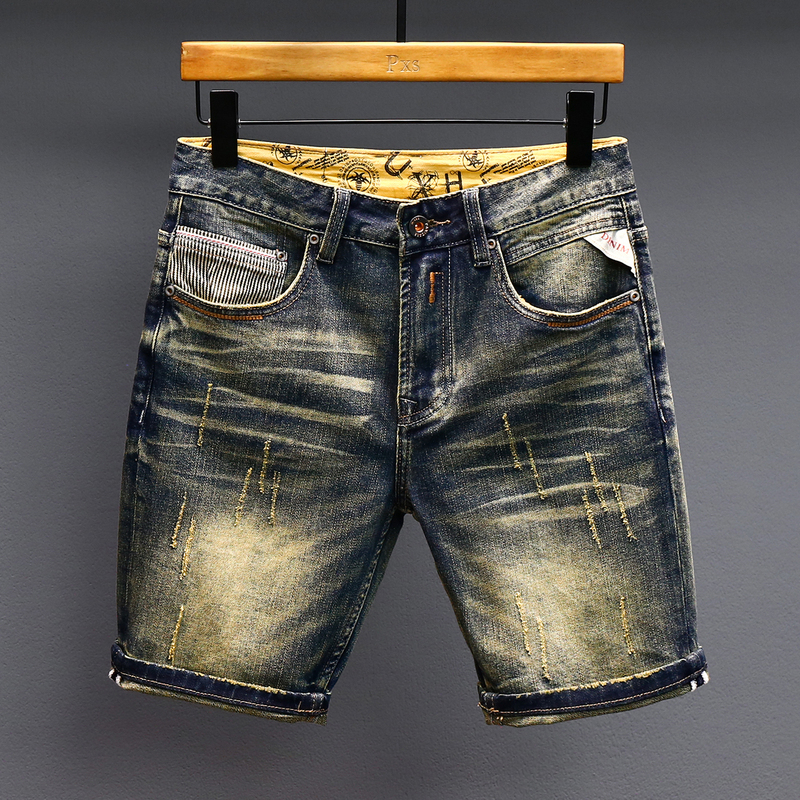 Summer New Style American Retro Distressed Dark Blue Denim Shorts for Men, Trendy Brand, Stylish, Slim Fit, Versatile, Mid-Length Shorts