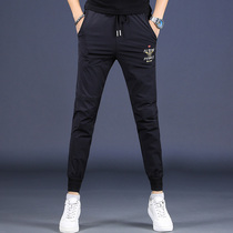 Casual pants mens Tide brand embroidered long pants spring and summer new trend slim pants Black thin Haren pants men