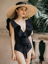 Hot spring bathing suit Female super fairy fan one-piece black thin belly ruffle beach vacation bikini