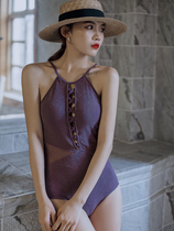  Swimsuit female ins retro purple 2020 trendy gathering thin belly cover hot spring hot spring one-piece womens swimsuit