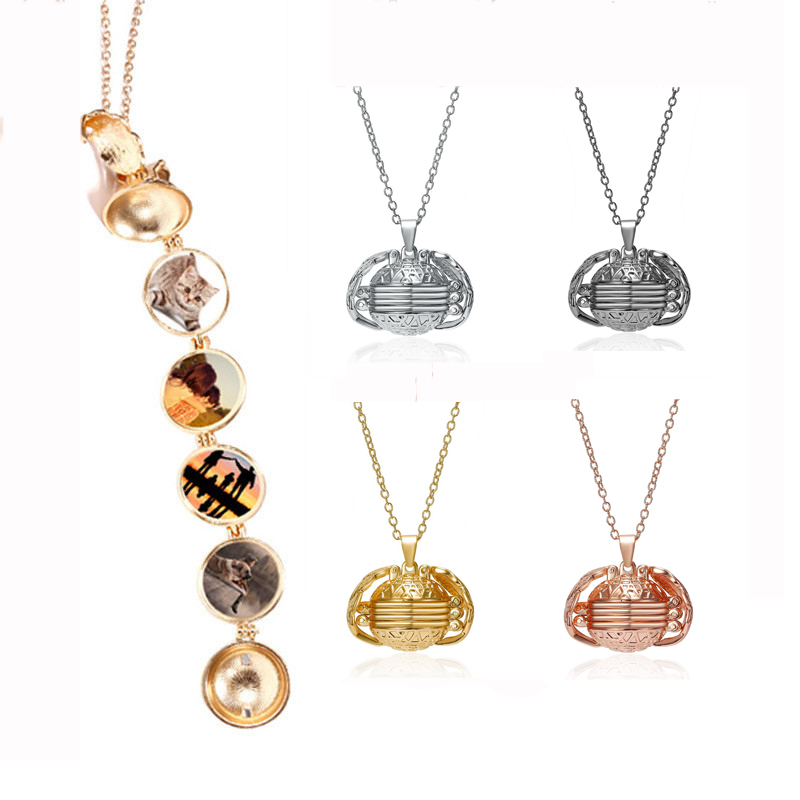 The new retro can open pendant folding multi-layer photo photo box angel wings necklace couple family gift