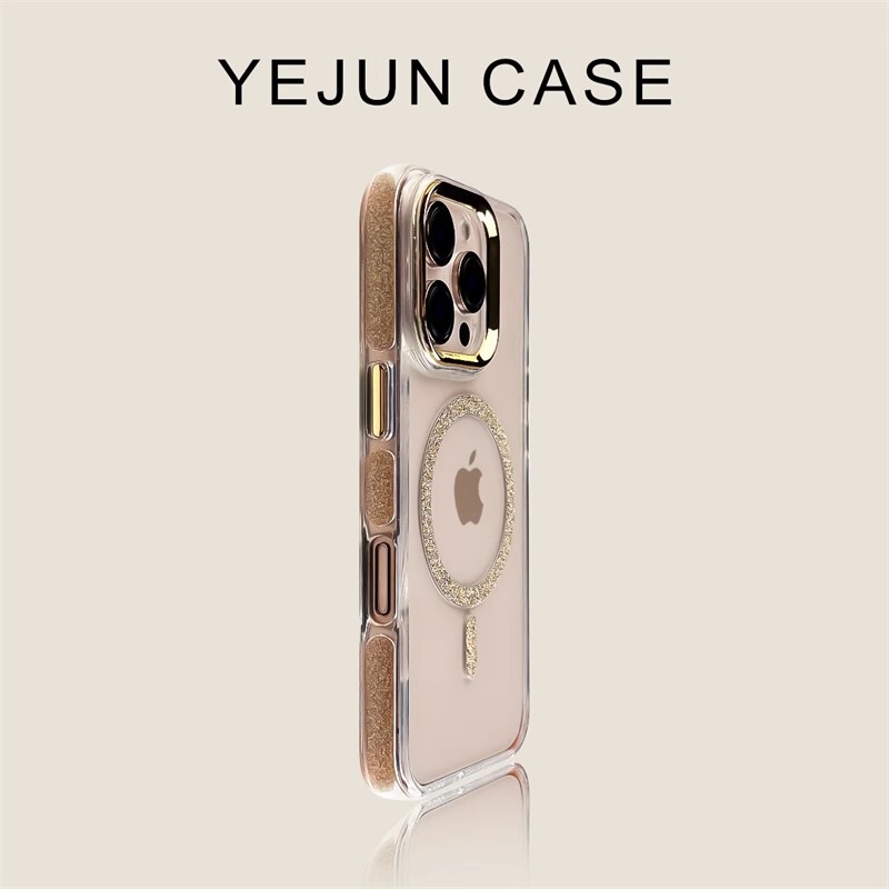 18 Yejun Is Suitable for Apple 16 Phone Case, Desert Gold Glitter Edge, iPhone 16 Pro Max Magnetic, 15 Pro Electroplated Frame, 14 Transparent, 13 Acrylic, 12 New Model, Anti-Drop, Internet Celebrity 16 Plus