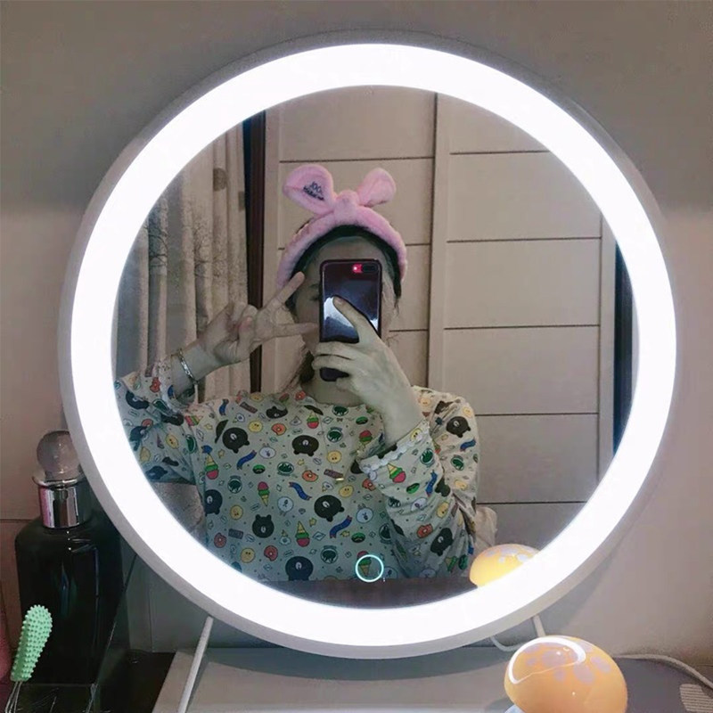 LED LIGHT MAKEUP MIRROR DESKTOP DESKTOP HOME BEAUTY MIRROR STUDENT NET RED FILL LIGHT INS LARGE ROUND MIRROR WITH BULB