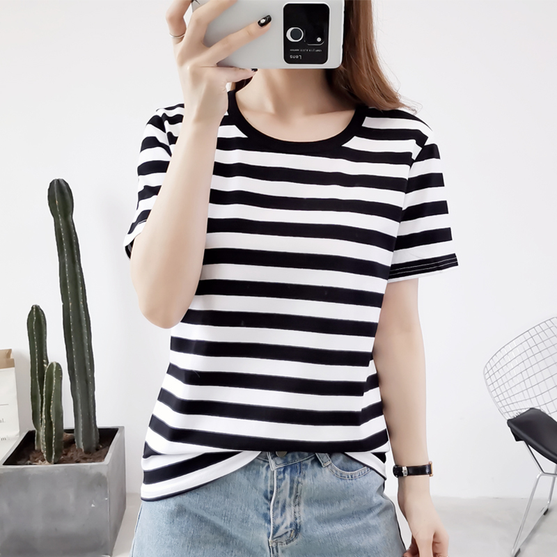 Striped T-Shirt with Regular Shoulders, Short Sleeves, 2026 New Style, Women's Pure Cotton Half-Sleeve, Loose Fit, Plus Size, Summer Top, Unique Half-Sleeve Striped T-Shirt with Regular Shoulders, Short Sleeves, 2026 New Style, Women's Pure Cotton Half-Sleeve, Loose Fit, Plus Size, Summer Top, Unique Half-Sleeve