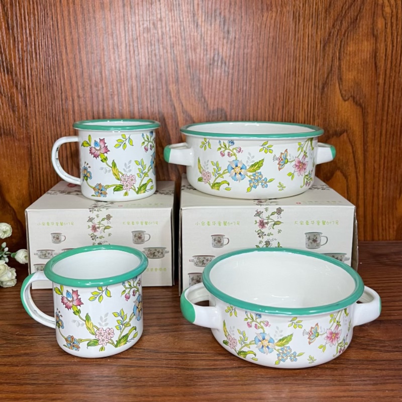 Enamel Thickened Double-Handle Bowl, Small Aromatic Cup, Children's Tableware Set, Eating Bowl, Dessert Bowl, Coffee Cup