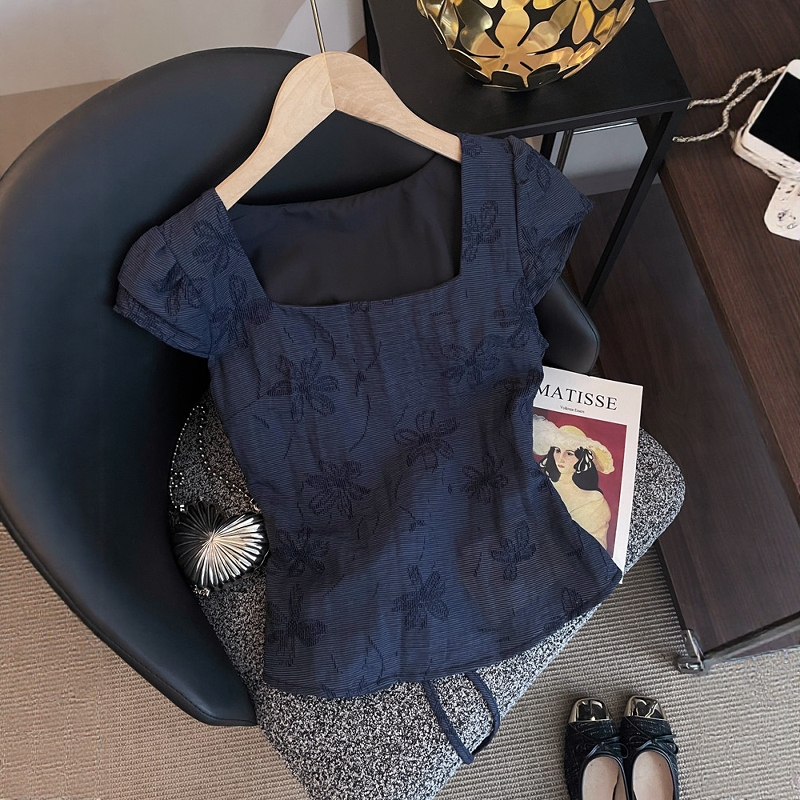 Summer New Style Dark Blue Plus-Size Blouse French Retro Style Waist-Cinching Slimming Women's Shirt 2026 Summer New Style Dark Blue Plus-Size Blouse French Retro Style Waist-Cinching Slimming Women's Shirt 2026