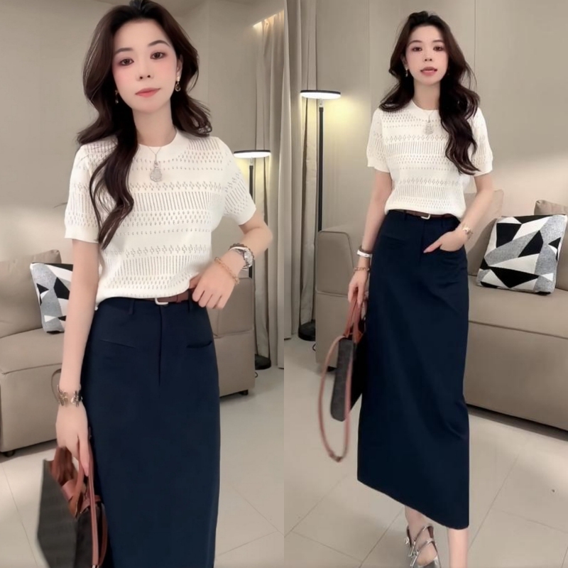 European-Style Fashionable Hollow-Out Knit Top, Slimming Versatile Straight Skirt, Half Skirt Set, Women's Trendy Casual Two-Piece Set