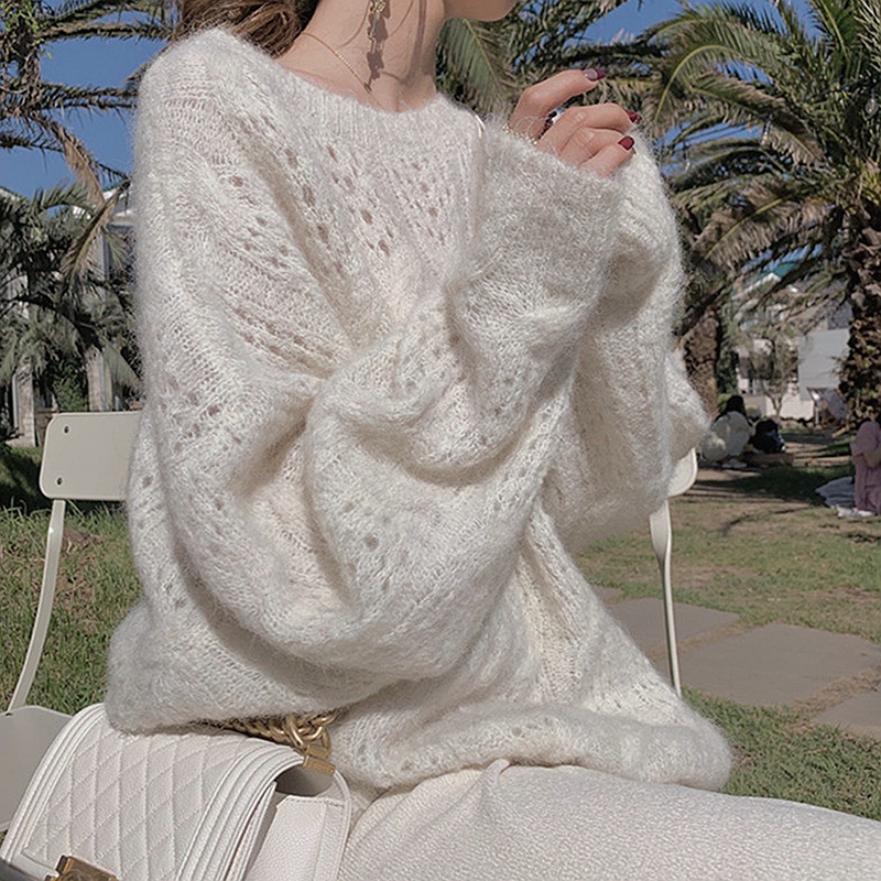 Mohair White Hollow-Out Sweater for Women, Popular Style, 2026 Spring New Model, Lazy Style, Soft and Gentle, Loose Fit for Outerwear