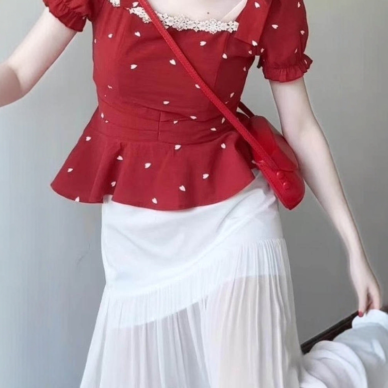 French-Style Ruffled Polka-Dot Bow Puff-Sleeve Shirt for Women, Summer Waist-Cinching Slimming Chic Unique Red Top French-Style Ruffled Polka-Dot Bow Puff-Sleeve Shirt for Women, Summer Waist-Cinching Slimming Chic Unique Red Top