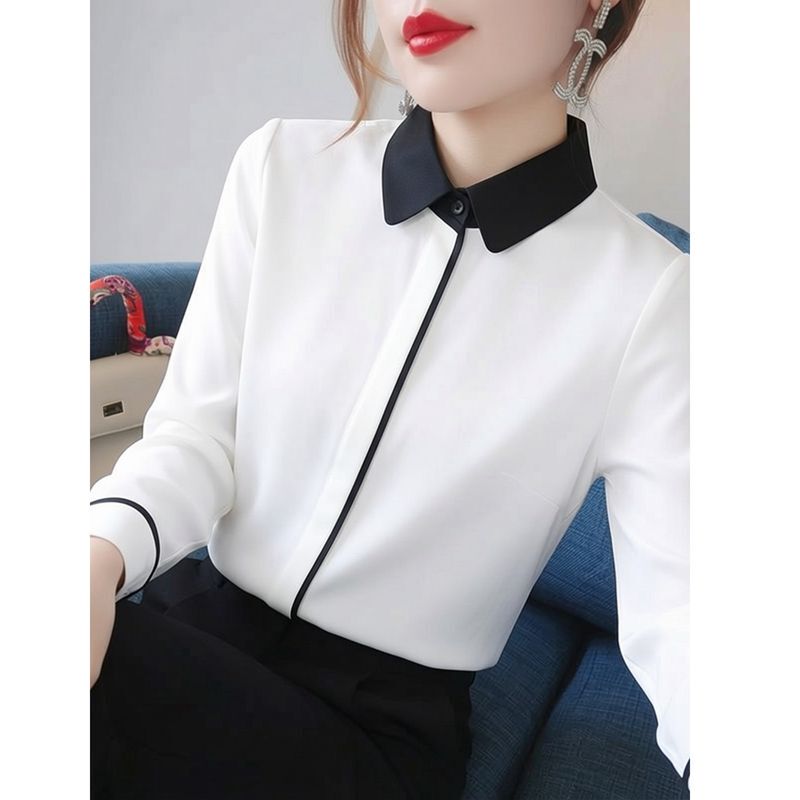 White Chiffon Shirt for Women, Long-Sleeved, Spring and Autumn Style, Plus Size, Loose Design, Niche High-End Professional Shirt Top