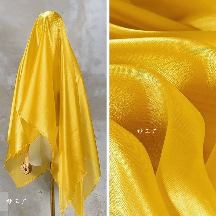 Deep Golden Yellow Water-Glossy Breeze Satin, Encrypted Sheer Pearlescent Liquid Dress Fabric, Organza Fabric