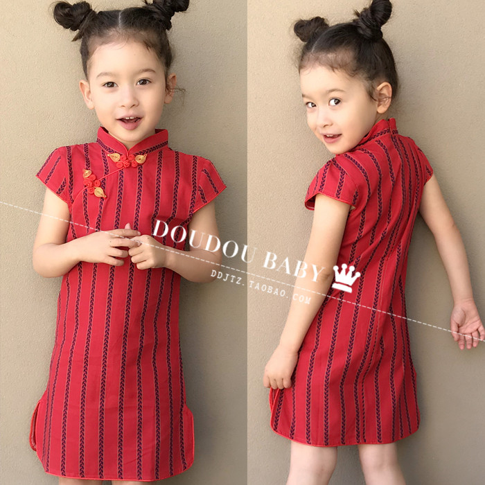 Girl Qipao Summer Parenting Style 2022 New Child Striped Skirt 2-3-5 Summer Dress Female Baby Flag Gown Female