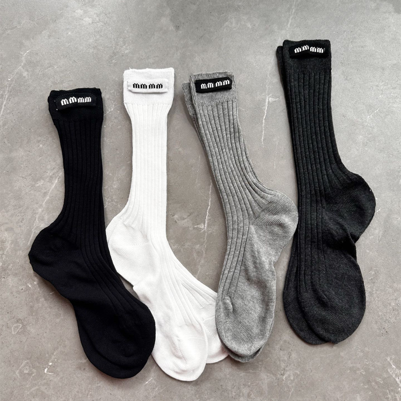 European and American Show Style Pure Cotton Threaded Small Cloth Label Socks Thin Sheer Sports Couple Socks Versatile Black Mid-Calf Socks