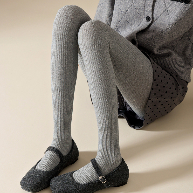 Right-Angle Knit Leggings for Women, Japanese Style, Light Gray, Spring and Autumn, Medium Thickness, Pure Cotton, Vertical Stripes, Non-Slip Pantyhose