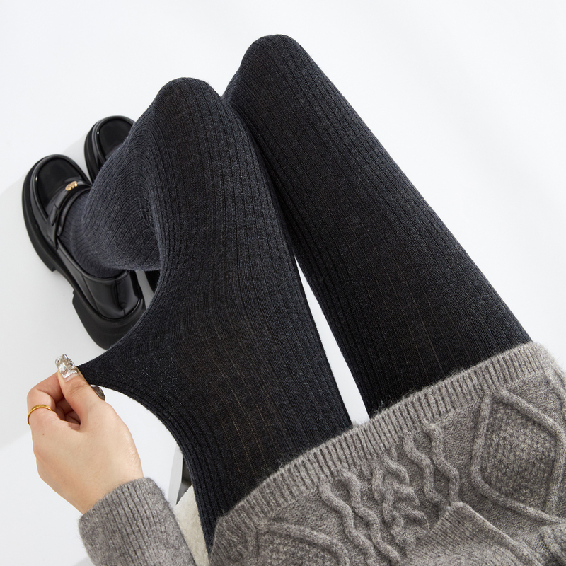 Right-Angle Footed Mulberry Silk Wool Knit Seamless Pantyhose for Women, Autumn and Winter Thickened Vertical Stripe Dark Gray Leggings