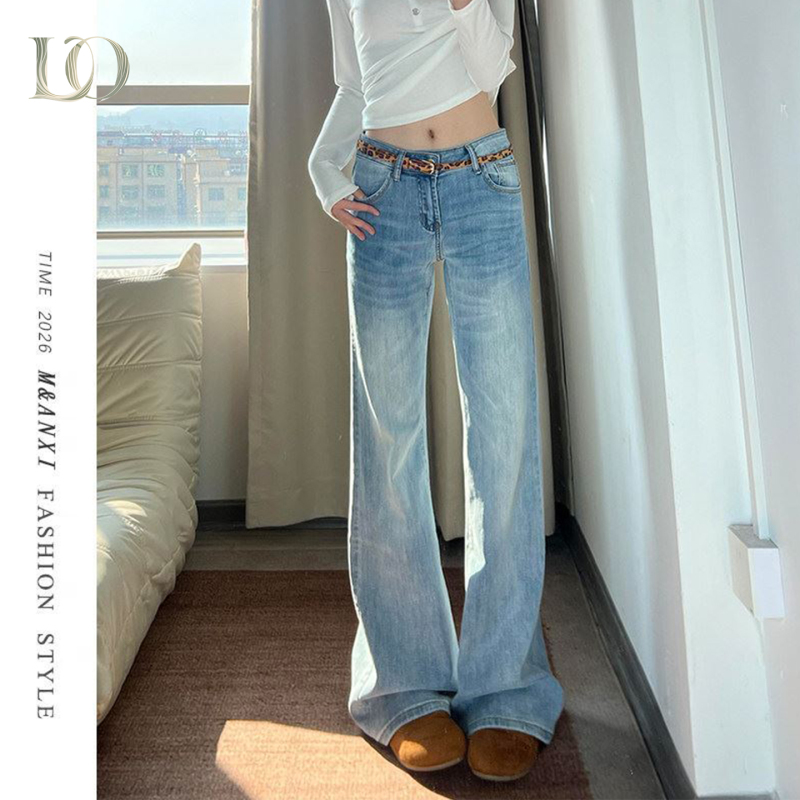 American-Style Ice Blue Low-Waisted Flared Jeans for Women, New Style, Non-Tight, Versatile, Slimming, Stretchy Bell-Bottom Pants