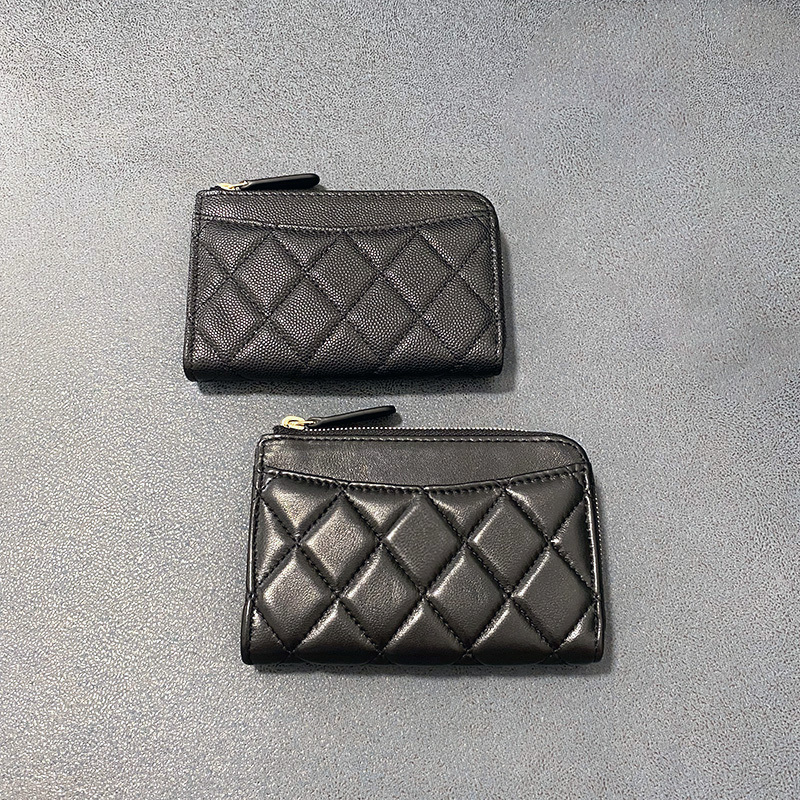 New L-Shaped Zipper Coin Purse Caviar Calfskin Goatskin Incense Card Holder Genuine Leather Women's Hand-Held Bank Card Holder