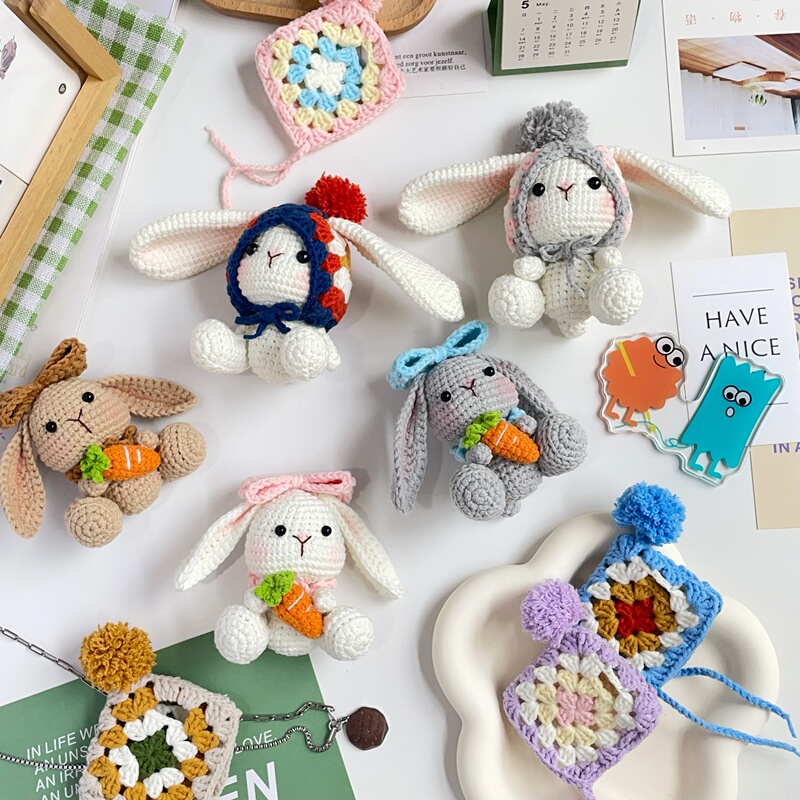 Crochet DIY Kit for Handmade Granny Square Rabbit Doll, Yarn Bag Pendant Keychain to Pass the Time