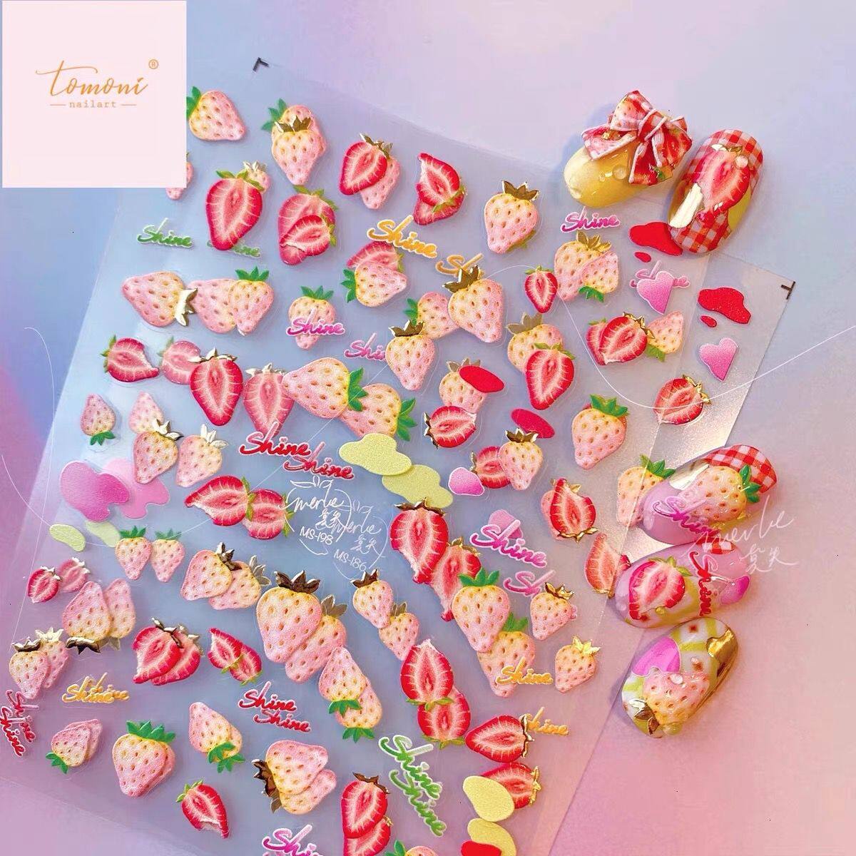 tomoni manicure 5D embossed strawberry stickers Mo lost fruit stickers with back glue for nail jewelry decals