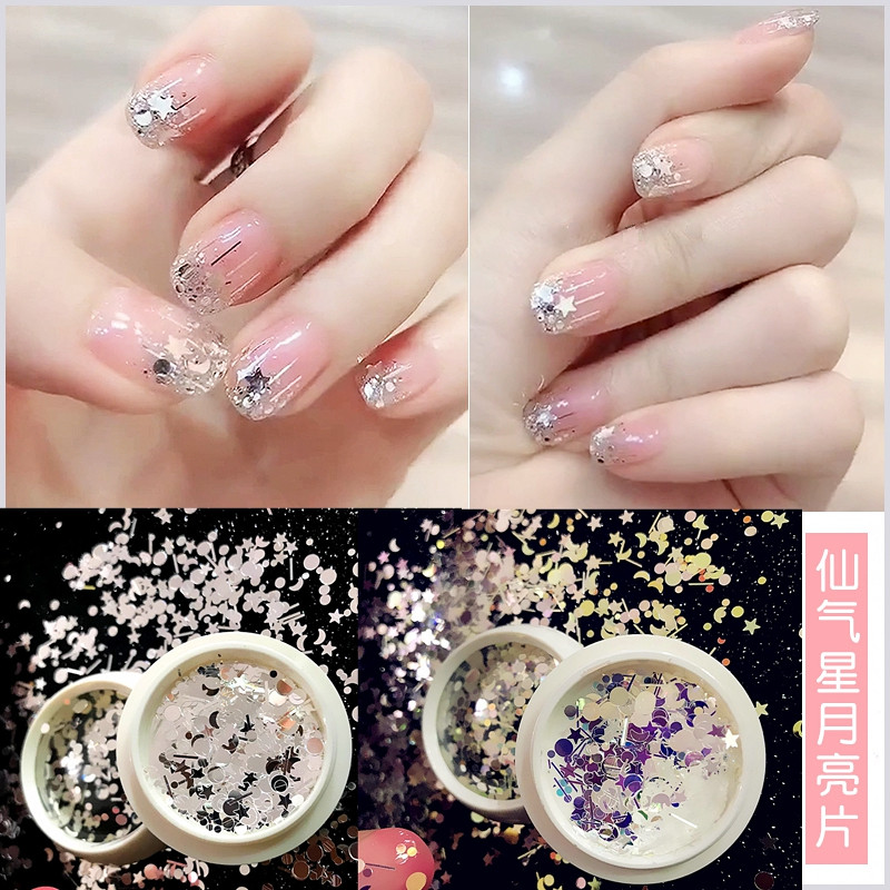 Net Red New Silver Stars Moon Combined Pentagram Mi Chia Ornament Super Shiny Nail Decoration Bright Film Phantom Patch Patches