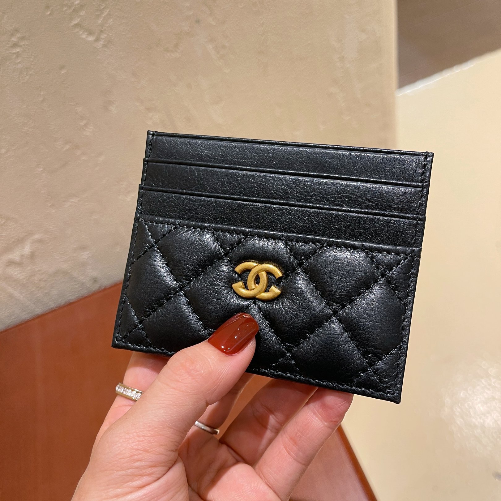 Chanel-Style Quilted Genuine Leather Card Holder for Women, Caviar Leather One-Piece Card Clip, Multi-Card Slot Compact Mini Business Card Holder