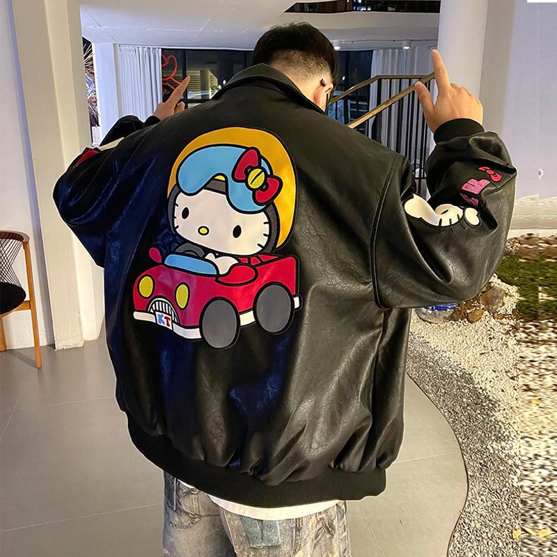 Cartoon Hello Kitty Cat Embroidered Leather Jacket for Men and Women, Spring and Autumn Loose American-Style Biker Jacket, Couple Trendy Brand Coat Cartoon Hello Kitty Cat Embroidered Leather Jacket for Men and Women, Spring and Autumn Loose American-Style Biker Jacket, Couple Trendy Brand Coat