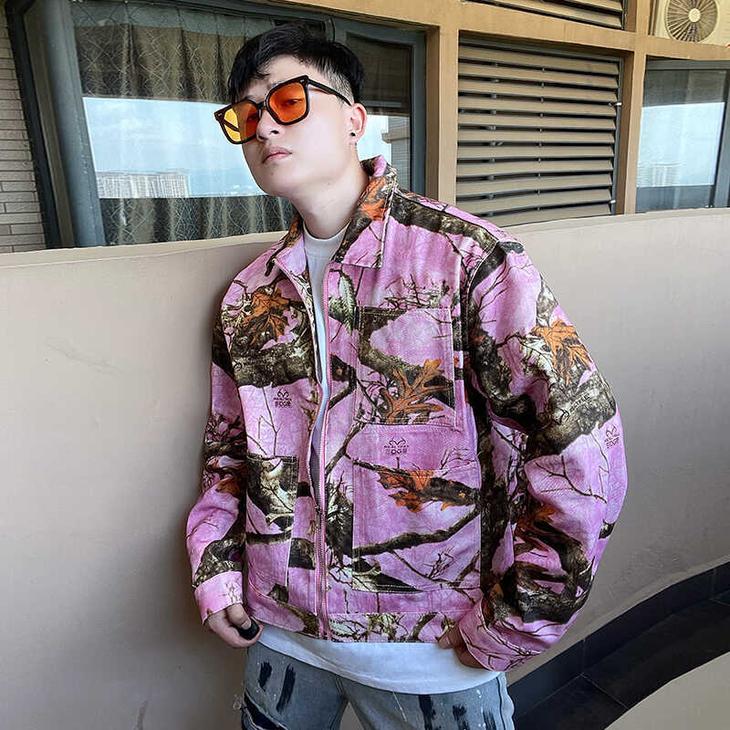 Jackson Wang Style Maple Leaf Branch Graffiti Print Denim Zipper Jacket Unisex American Retro Workwear Jacket Trendy