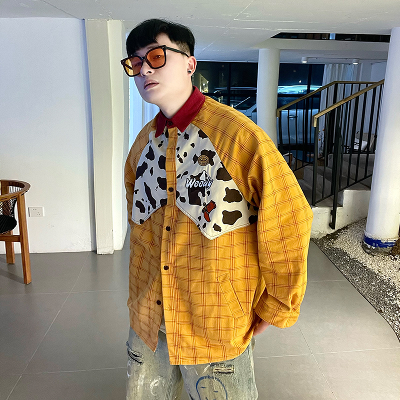 Fun Cartoon Woody Cosplay Plaid Shirt for Men and Women, Spring and Autumn Style, Loose Fit, Versatile Long-Sleeve Shirt Jacket, Trendy