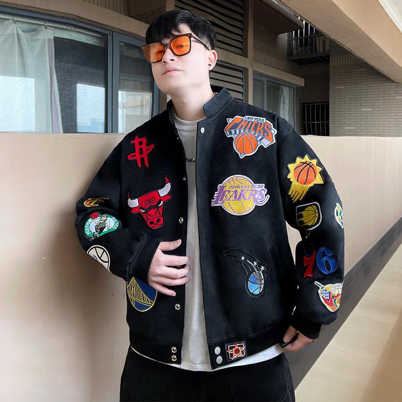 Ku Yifan's Same Style Nba Team Embroidered Baseball Jacket for Men and Women, Loose American Hip-Hop Trendy Brand Jacket