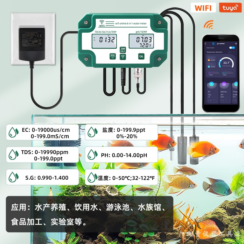 WIFI涂鸦水质检测仪高精度鱼缸ph酸碱度海水养殖盐度电导率监测仪