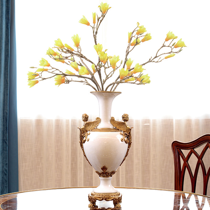 Eurostyle high-end ceramic matching copper livingroom flower flower vase Hotel Villa Clubhouse Decoration Craft Gift Hem Floral