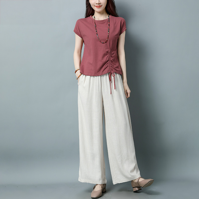 Cotton and Linen Casual Suit for Women, Summer Thin Style, 2026 New Trendy Slim-Fit Short-Sleeve T-Shirt and Linen Wide-Leg Pants Two-Piece Set