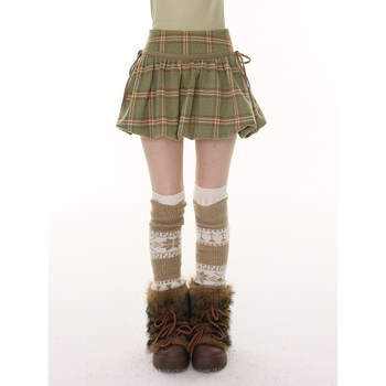 Zizifei autumn and winter american retro high-waisted slim green plaid woolen lace-up pocket skirt skirt for women