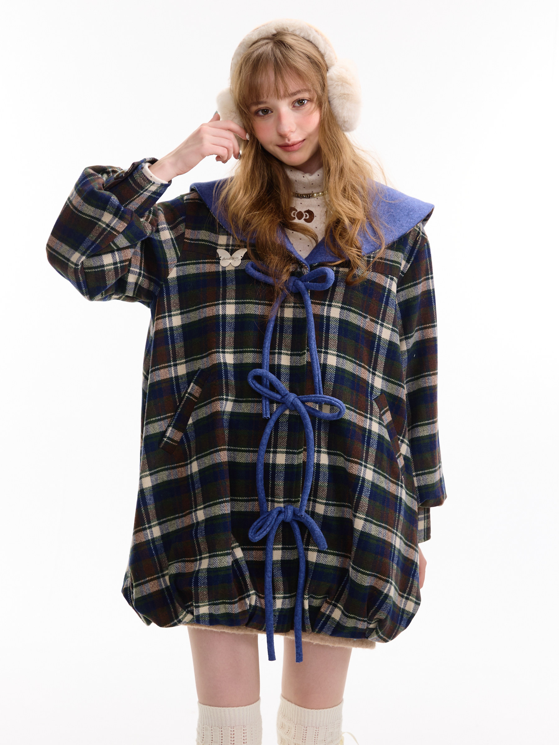 ziziFei 秋冬 タータンチェック柄 ミディ丈 ウールコート ダークブルー