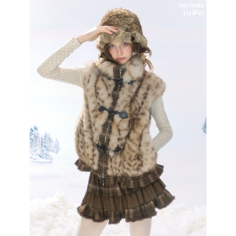 Zizifei''Farewell to Winter'' Autumn and Winter Plush Patchwork Plaid Leopard Print Horn Button Zipper Vest Jacket for Women