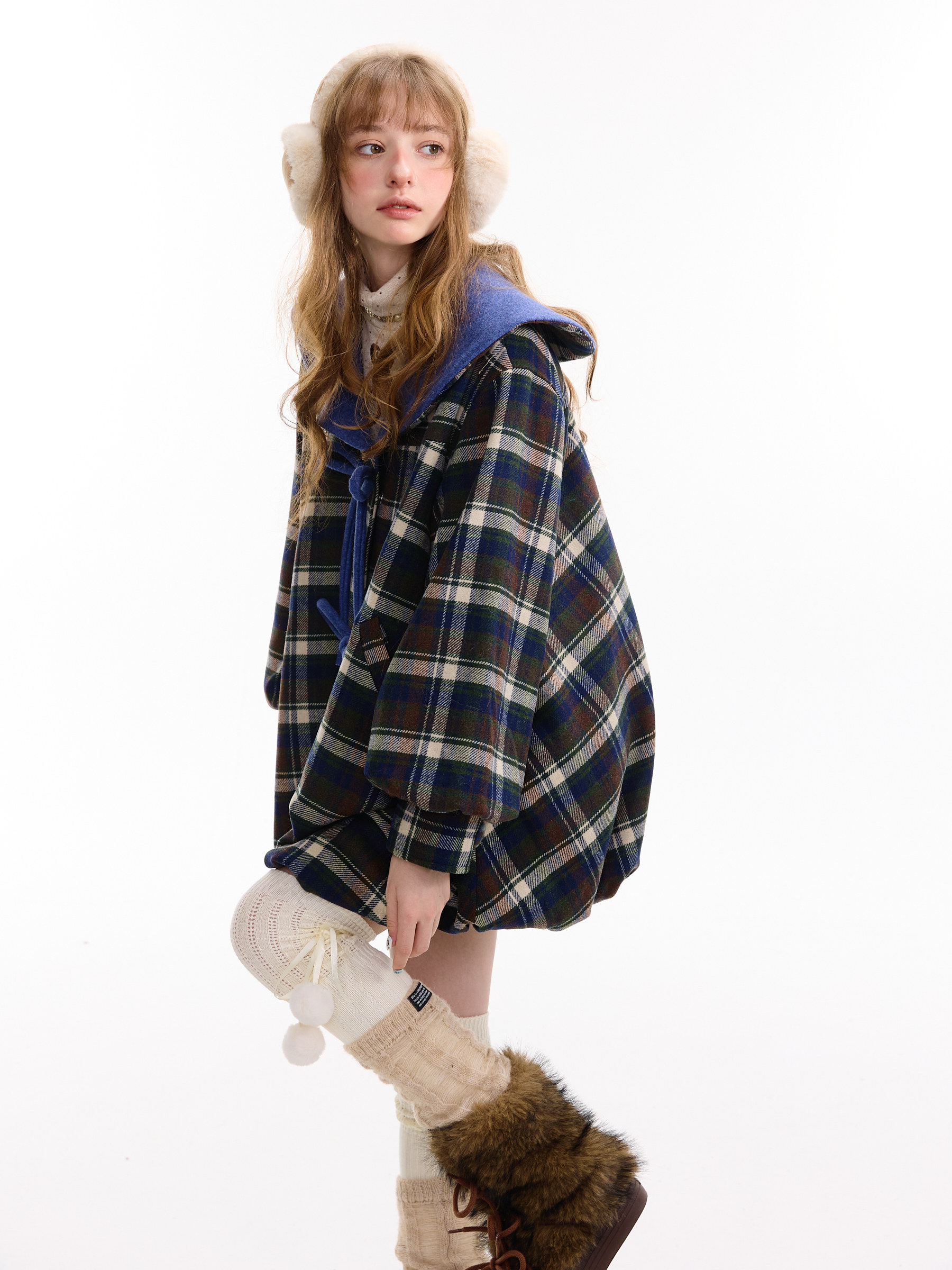 ziziFei 秋冬 タータンチェック柄 ミディ丈 ウールコート ダークブルー