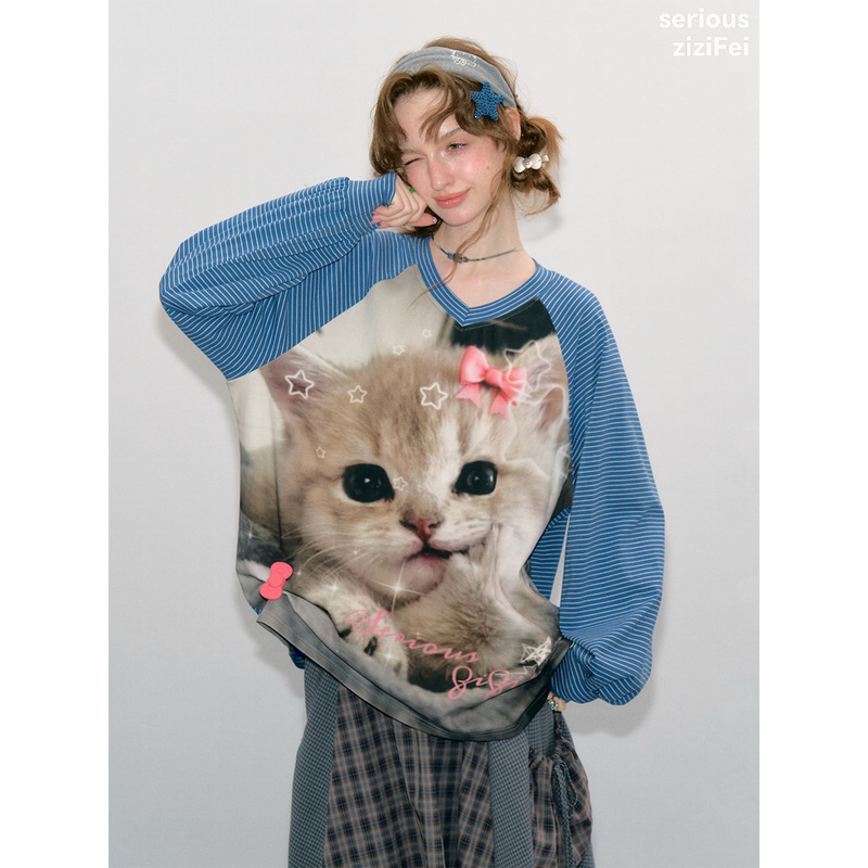 Zizifei'Sweet and Soft Star Cat' Autumn Blue Striped Atmospheric Cat Print V-Neck Sweatshirt Long Sleeve T-Shirt for Women