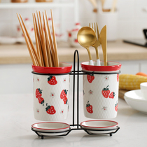Hand-painted ceramic chopsticks tube rack kitchen drain spoon storage rack home creative chopsticks basket chopsticks Chopsticks cage double bucket