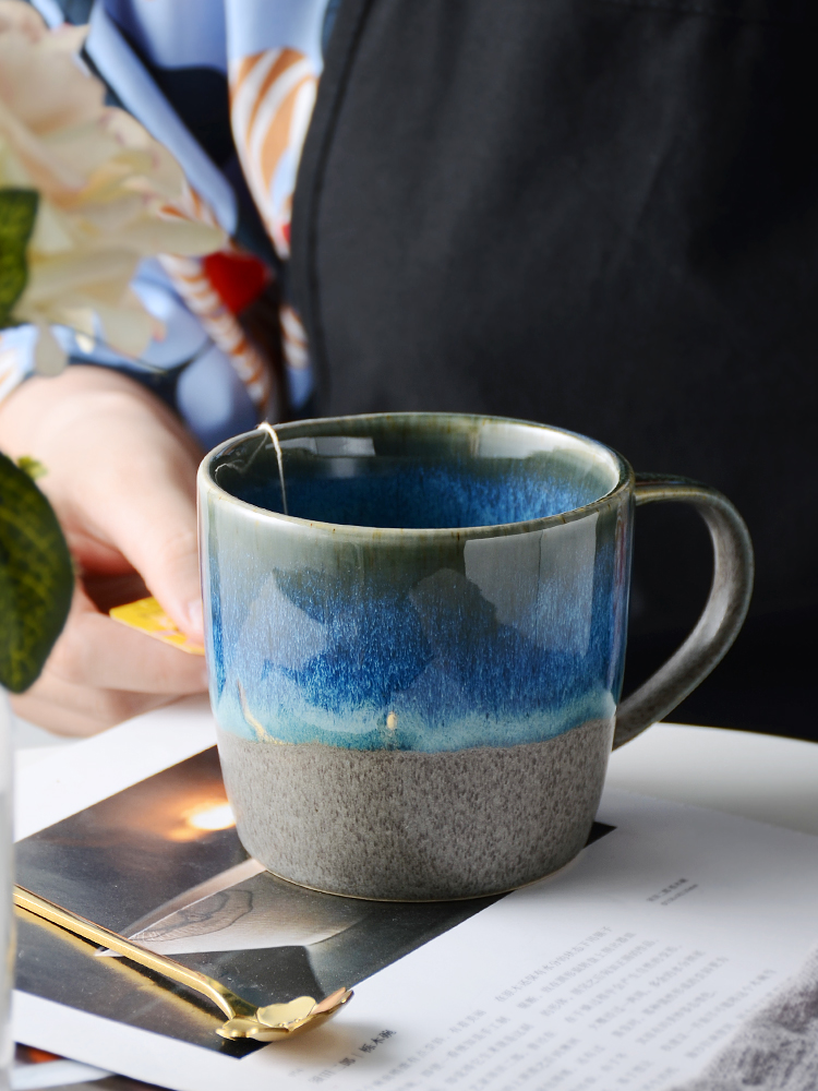 Japanese Kiln glazed rough pottery mug with spoon retro ceramic cup drinking water Cup breakfast cup coffee cup coffee cup