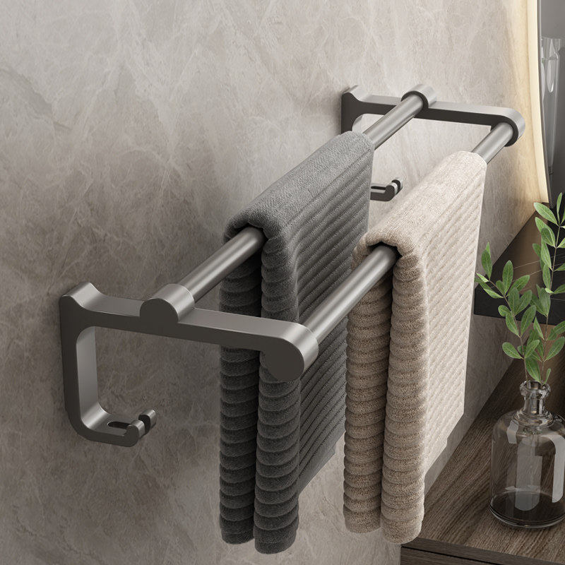 Gun ash towel rack-free punch artifacts toilet sucking dish double rod bathroom with shelf towel shower hanging rod